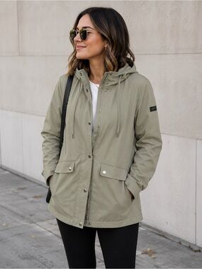DKNY Hooded Rain Jacket Olive Green Lightweight Waterproof Coat Size L